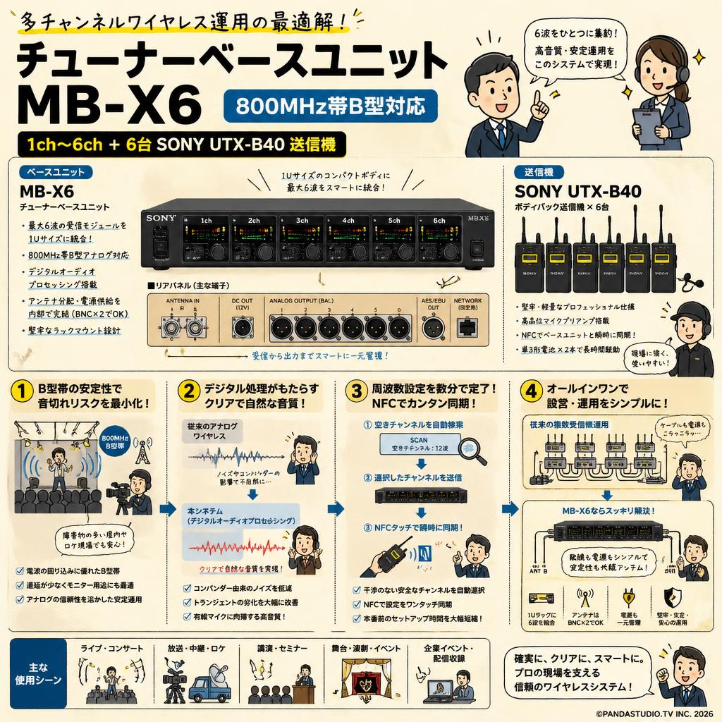 チューナーベースユニット MB-X6 800MHz帯B型対応 1ch～6ch＋6台SONY UTX-B40 送信機 概要