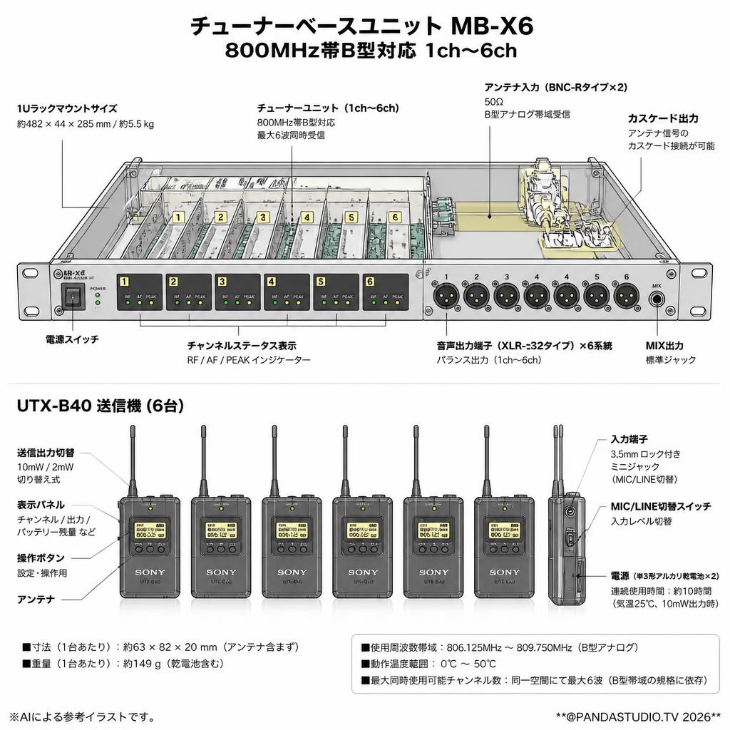 チューナーベースユニット MB-X6 800MHz帯B型対応 1ch～6ch＋6台SONY UTX-B40 送信機 スペック