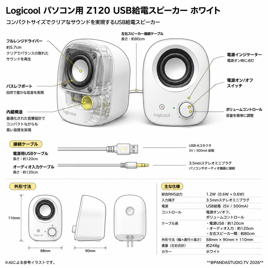 Logicool パソコン用 Z120 USB給電スピーカーホワイト スペック