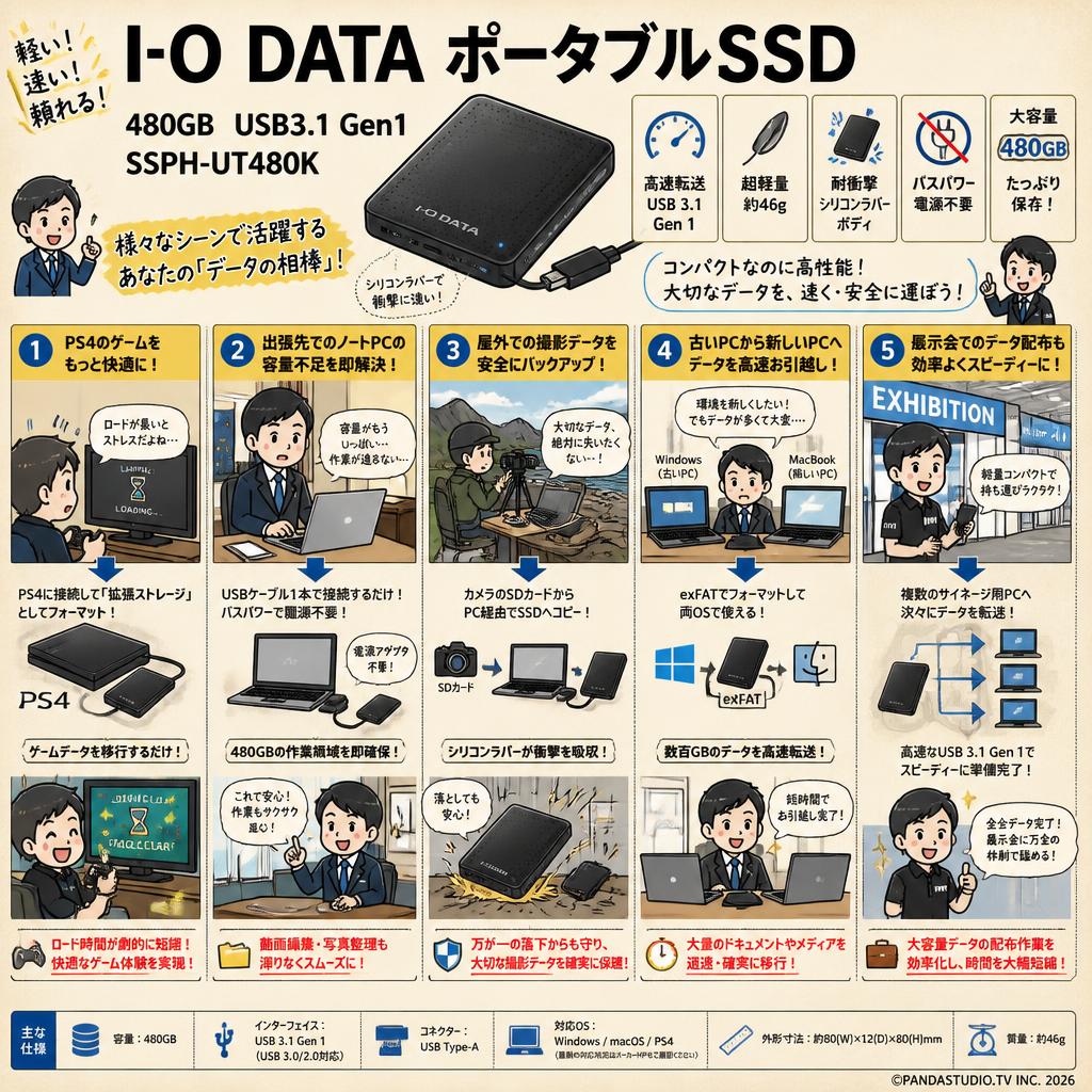 I-O DATA ポータブルSSD 480GB  USB3.1 Gen1 SSPH-UT480K 用途