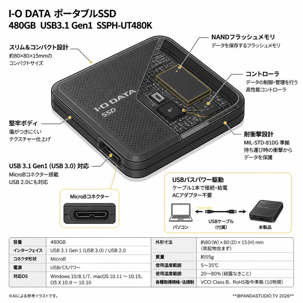 I-O DATA ポータブルSSD 480GB  USB3.1 Gen1 SSPH-UT480K スペック