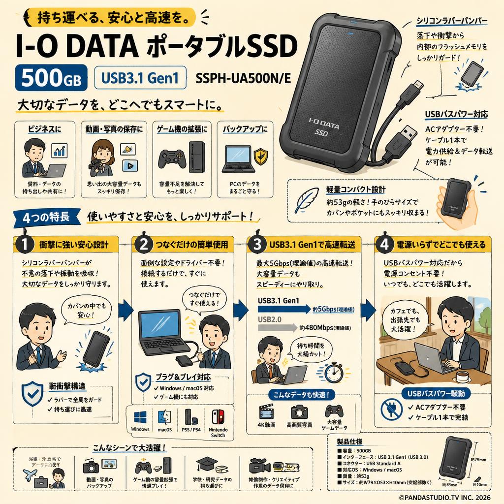 I-O DATA ポータブルSSD 500GB USB3.1 Gen1 SSPH-UA500N/E 概要
