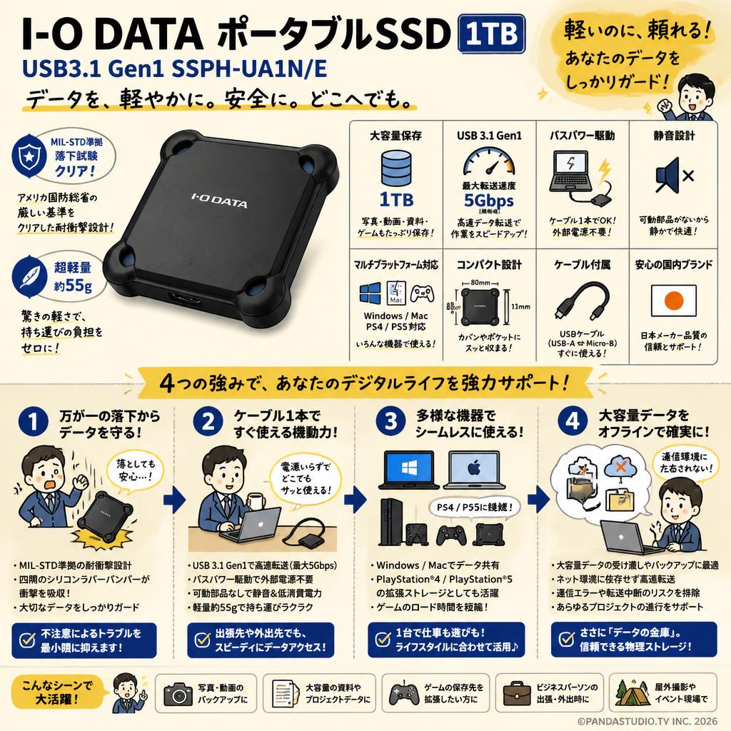 I-O DATA ポータブルSSD 1TB USB3.1 Gen1 SSPH-UA1N/E 概要