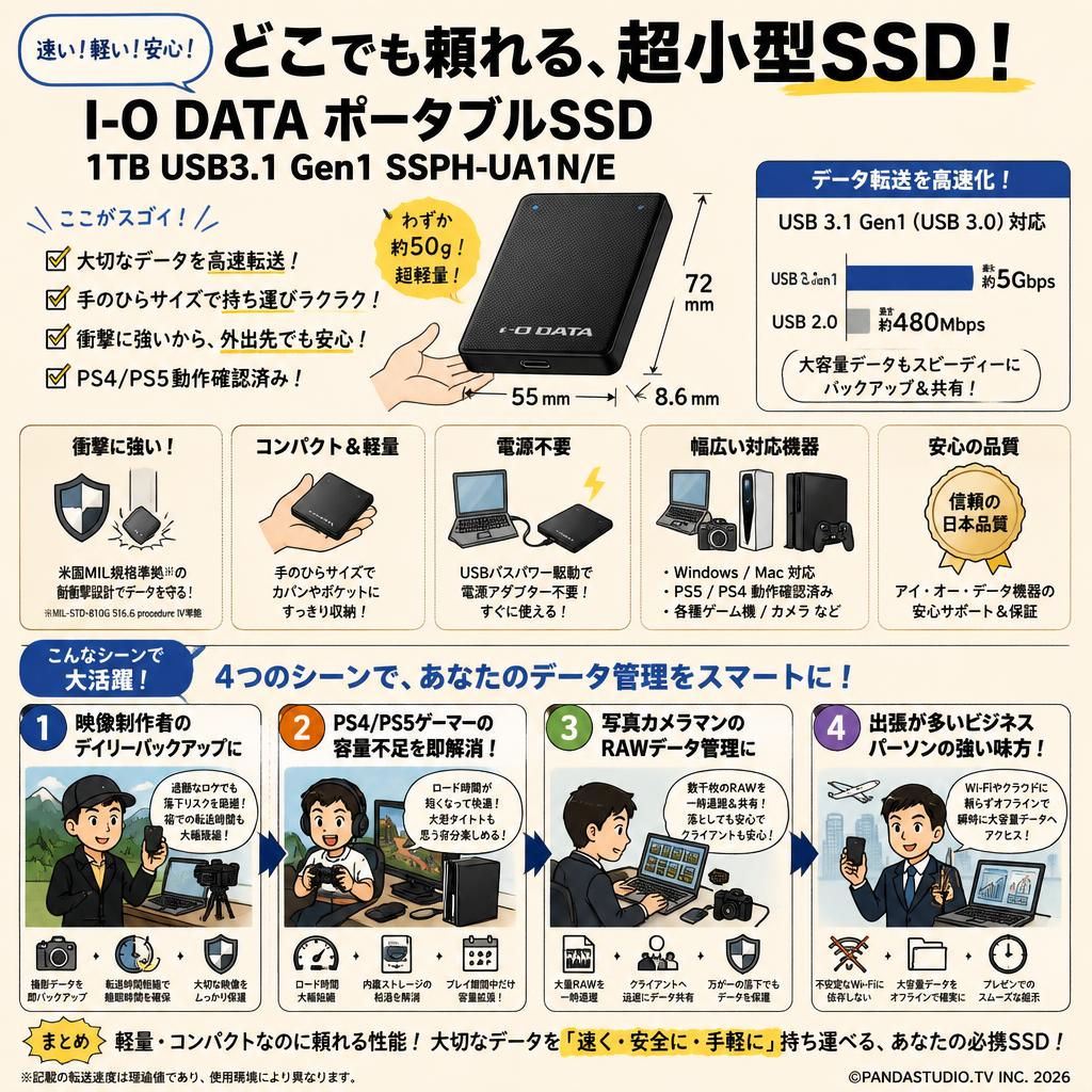 I-O DATA ポータブルSSD 1TB USB3.1 Gen1 SSPH-UA1N/E おもな対象のお客様
