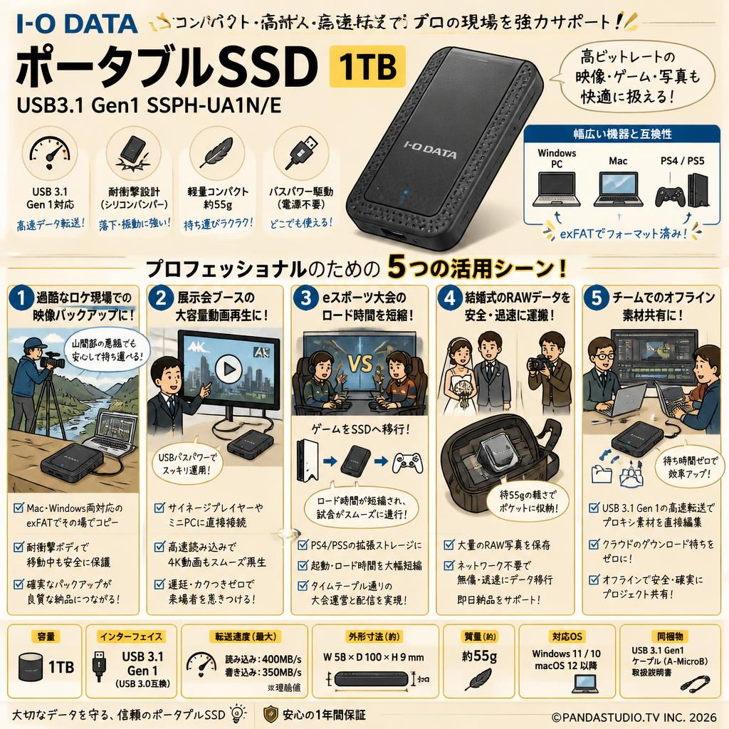 I-O DATA ポータブルSSD 1TB USB3.1 Gen1 SSPH-UA1N/E 用途
