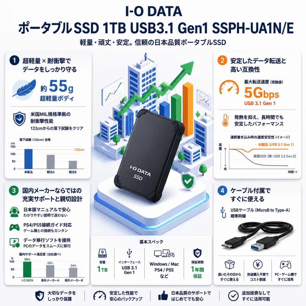I-O DATA ポータブルSSD 1TB USB3.1 Gen1 SSPH-UA1N/E セールスポイント