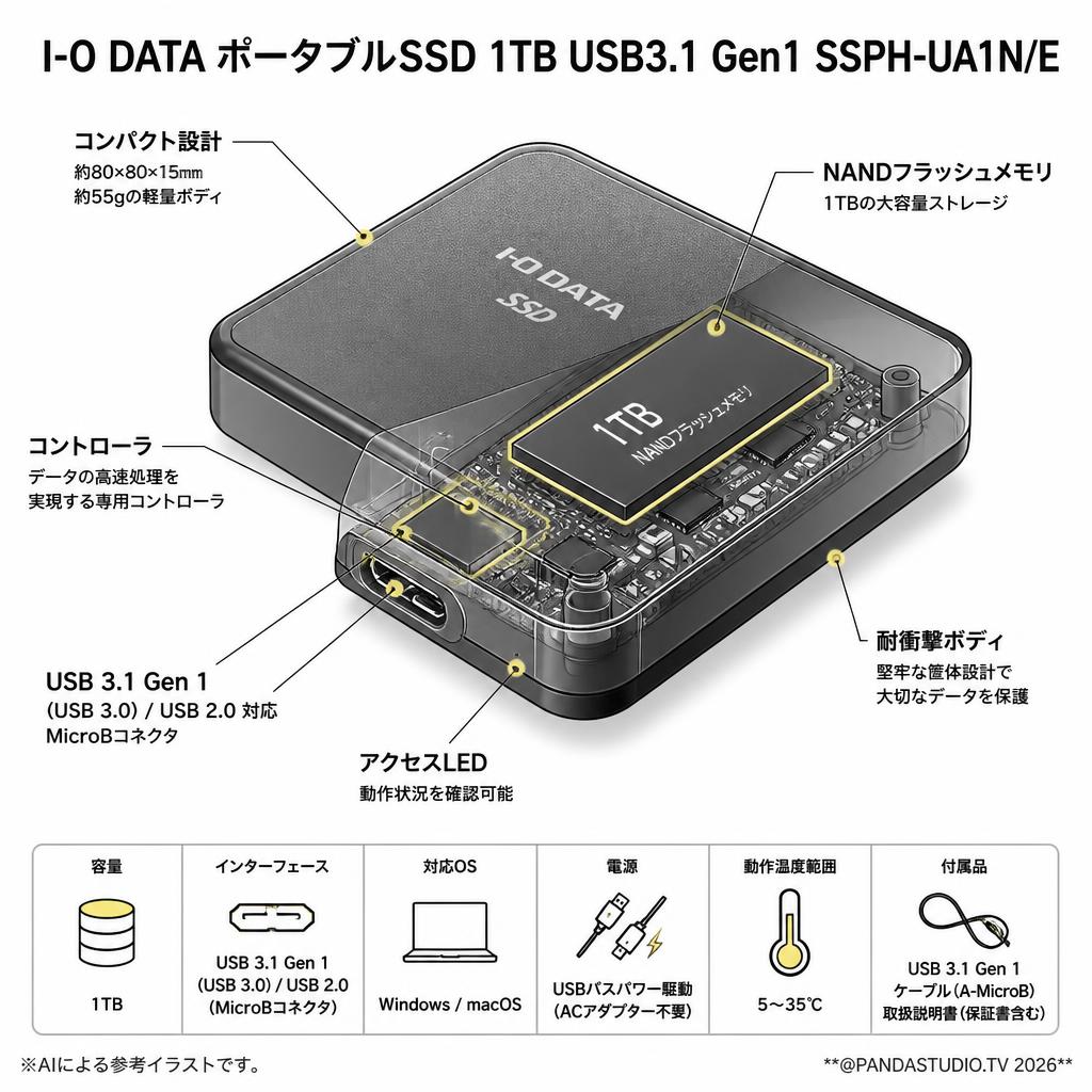I-O DATA ポータブルSSD 1TB USB3.1 Gen1 SSPH-UA1N/E スペック