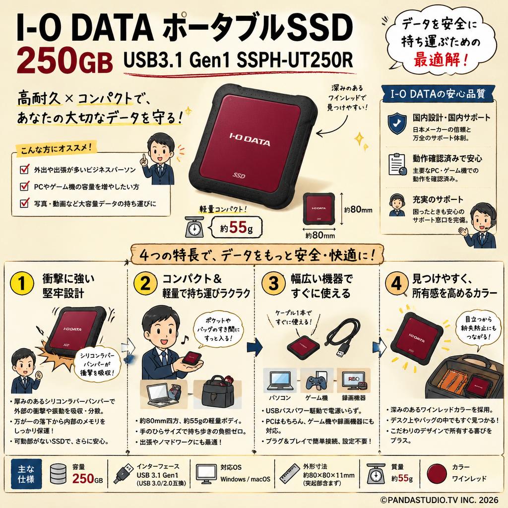 I-O DATA ポータブルSSD 250GB USB3.1 Gen1 SSPH-UT250R 概要