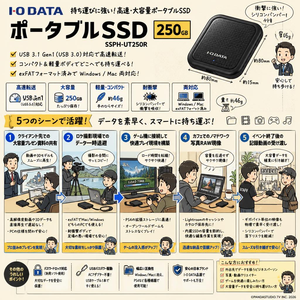 I-O DATA ポータブルSSD 250GB USB3.1 Gen1 SSPH-UT250R 用途