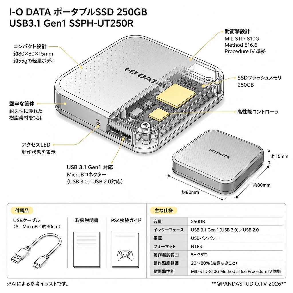 I-O DATA ポータブルSSD 250GB USB3.1 Gen1 SSPH-UT250R スペック