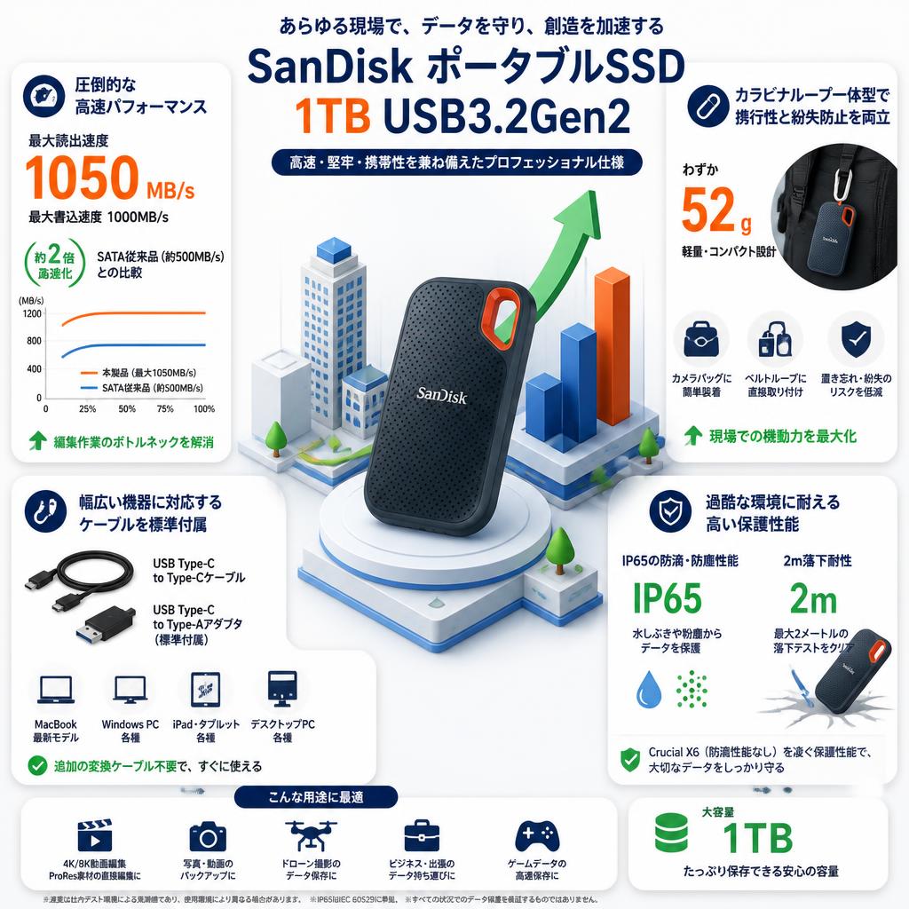 SanDisk ポータブルSSD 1TB USB3.2Gen2 セールスポイント