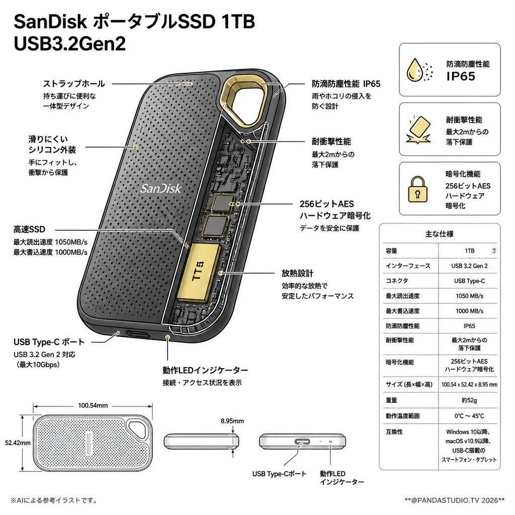 SanDisk ポータブルSSD 1TB USB3.2Gen2 スペック