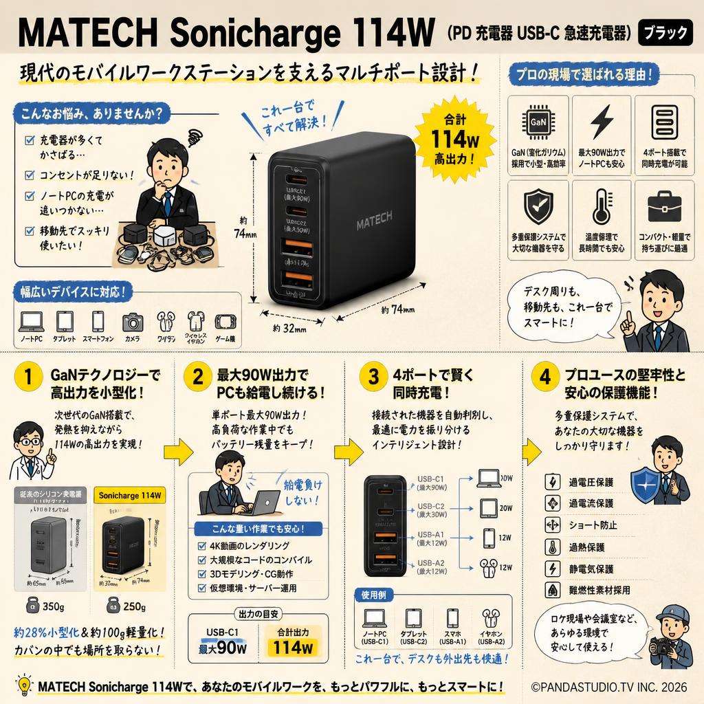 MATECH Sonicharge 114W (PD 充電器 USB-C 急速充電器) ブラック 概要
