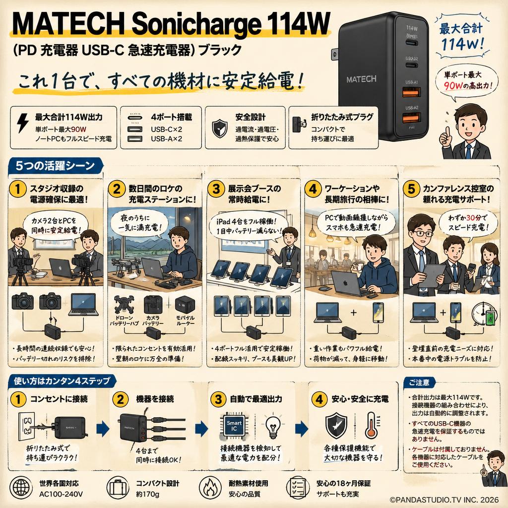 MATECH Sonicharge 114W (PD 充電器 USB-C 急速充電器) ブラック 用途