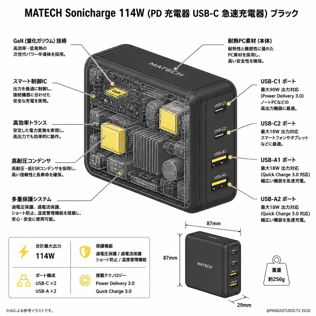 MATECH Sonicharge 114W (PD 充電器 USB-C 急速充電器) ブラック スペック