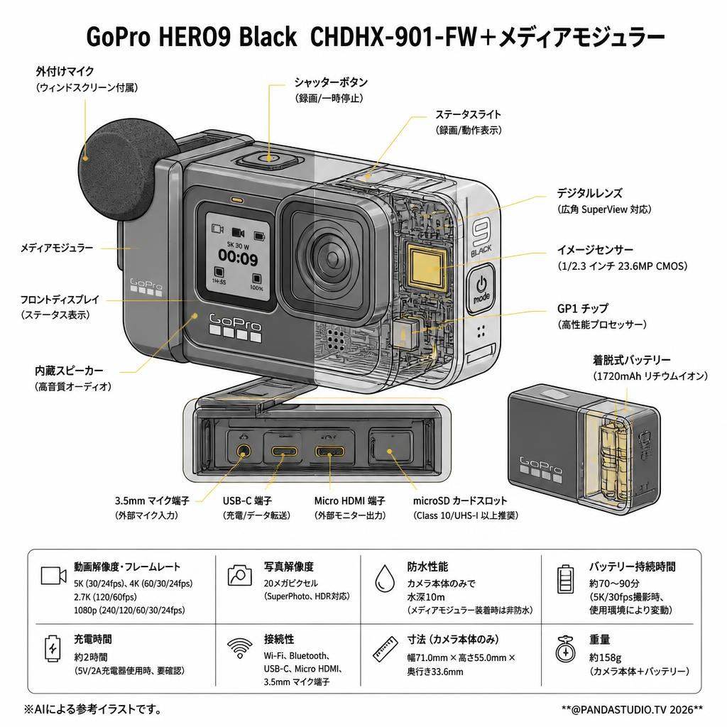 GoPro HERO9 Black  CHDHX-901-FW＋メディアモジュラー スペック