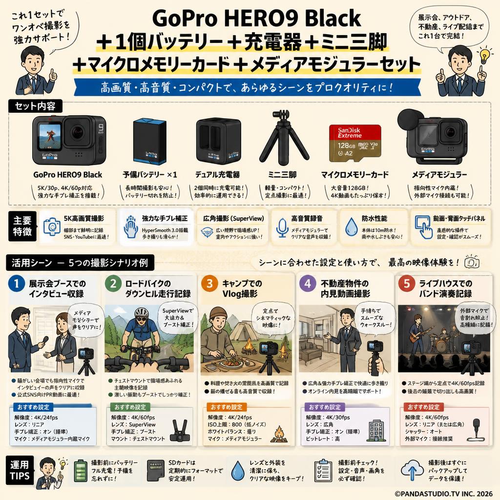 GoPro HERO9 Black ＋1個バッテリー＋充電器＋ミニ三脚＋マイクロメモリーカード＋メディアモジュラーセット 用途