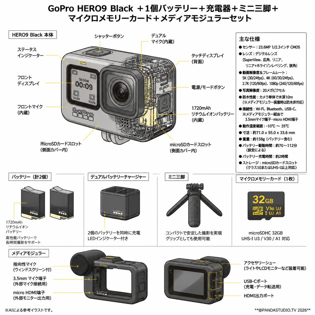 GoPro HERO9 Black ＋1個バッテリー＋充電器＋ミニ三脚＋マイクロメモリーカード＋メディアモジュラーセット スペック