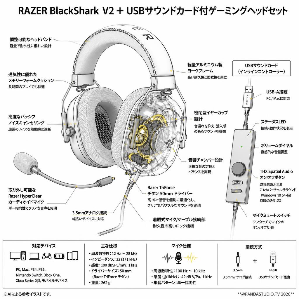 RAZER BlackShark V2＋USBサウンドカード付ゲーミングヘッドセット スペック
