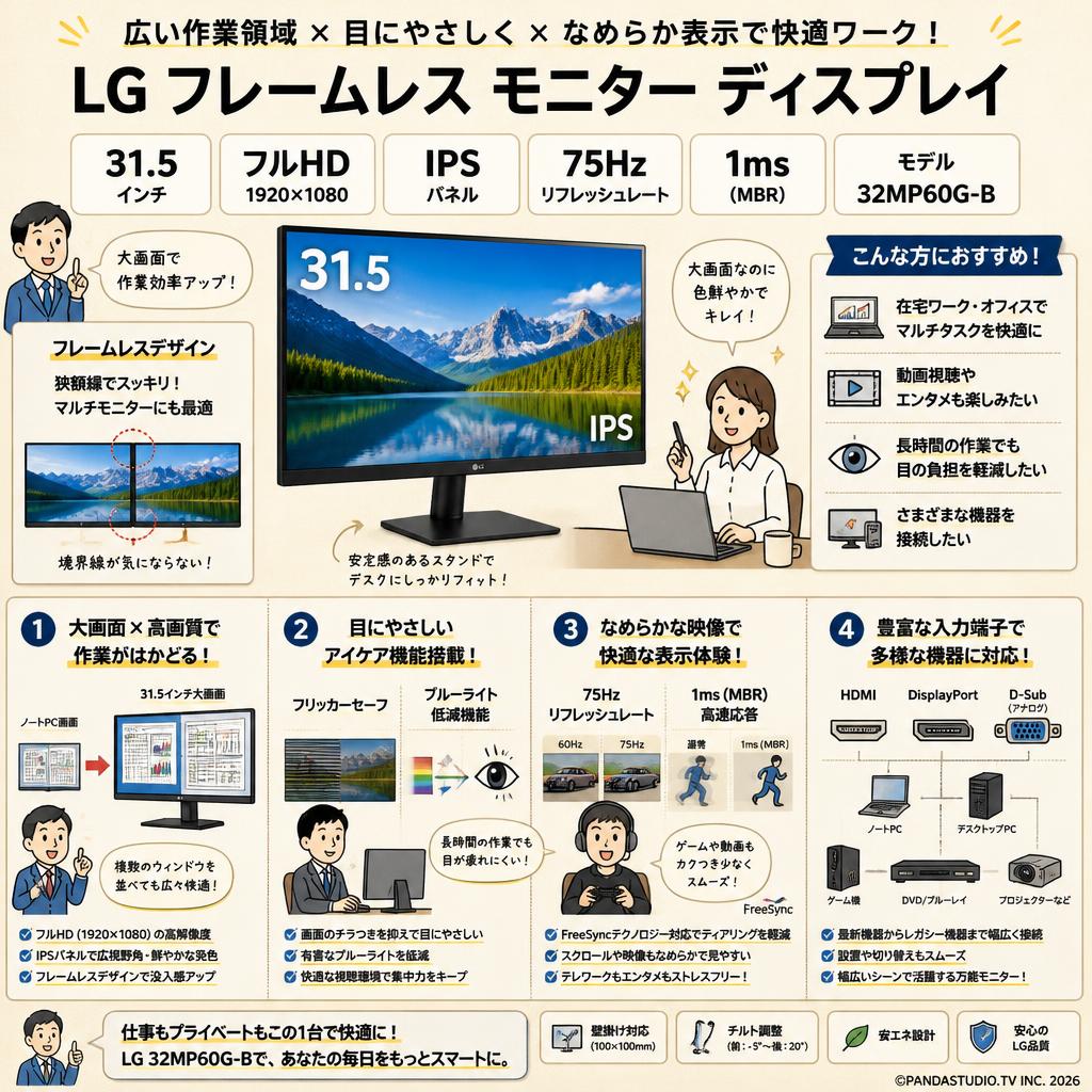 LG フレームレス モニター ディスプレイ31.5インチ/フルHD/IPS/HDMI,DP,D-Sub/FreeSync/75Hz/1ms(MBR)/フリッカーセーフ,ブルーライト低減機能 32MP60G-B 概要