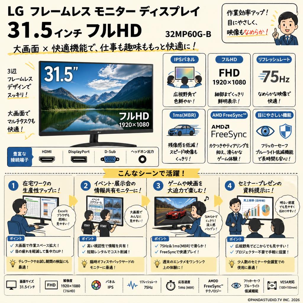 LG フレームレス モニター ディスプレイ31.5インチ/フルHD/IPS/HDMI,DP,D-Sub/FreeSync/75Hz/1ms(MBR)/フリッカーセーフ,ブルーライト低減機能 32MP60G-B おもな対象のお客様