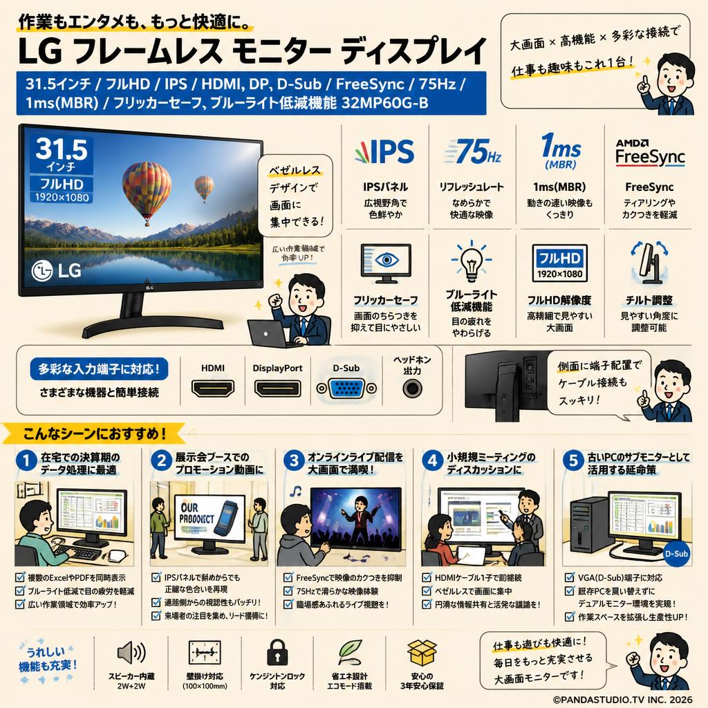 LG フレームレス モニター ディスプレイ31.5インチ/フルHD/IPS/HDMI,DP,D-Sub/FreeSync/75Hz/1ms(MBR)/フリッカーセーフ,ブルーライト低減機能 32MP60G-B 用途