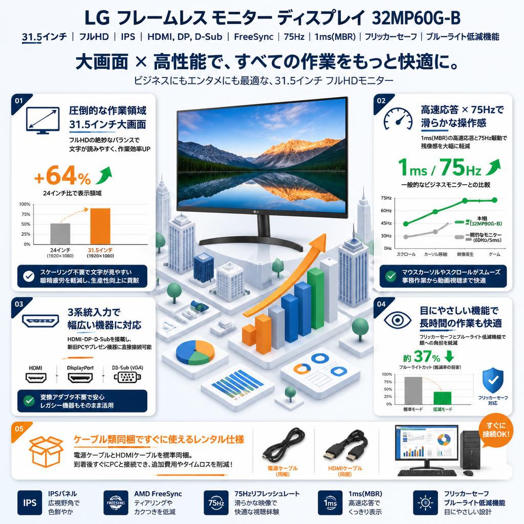 LG フレームレス モニター ディスプレイ31.5インチ/フルHD/IPS/HDMI,DP,D-Sub/FreeSync/75Hz/1ms(MBR)/フリッカーセーフ,ブルーライト低減機能 32MP60G-B セールスポイント