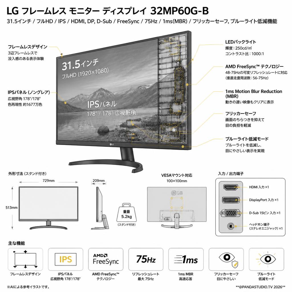 LG フレームレス モニター ディスプレイ31.5インチ/フルHD/IPS/HDMI,DP,D-Sub/FreeSync/75Hz/1ms(MBR)/フリッカーセーフ,ブルーライト低減機能 32MP60G-B スペック