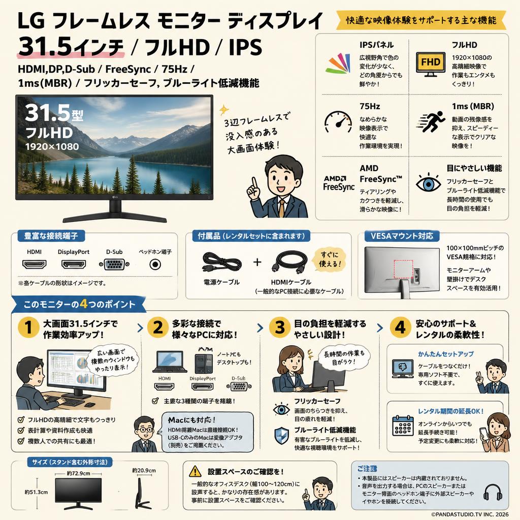 LG フレームレス モニター ディスプレイ31.5インチ/フルHD/IPS/HDMI,DP,D-Sub/FreeSync/75Hz/1ms(MBR)/フリッカーセーフ,ブルーライト低減機能 32MP60G-B FAQ（よくある質問と答え）
