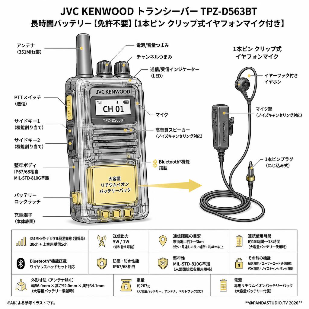JVC KENWOOD トランシーバー TPZ-D563BT 長時間バッテリー【免許不要】【1本ピン クリップ式イヤフォンマイク付き】 スペック