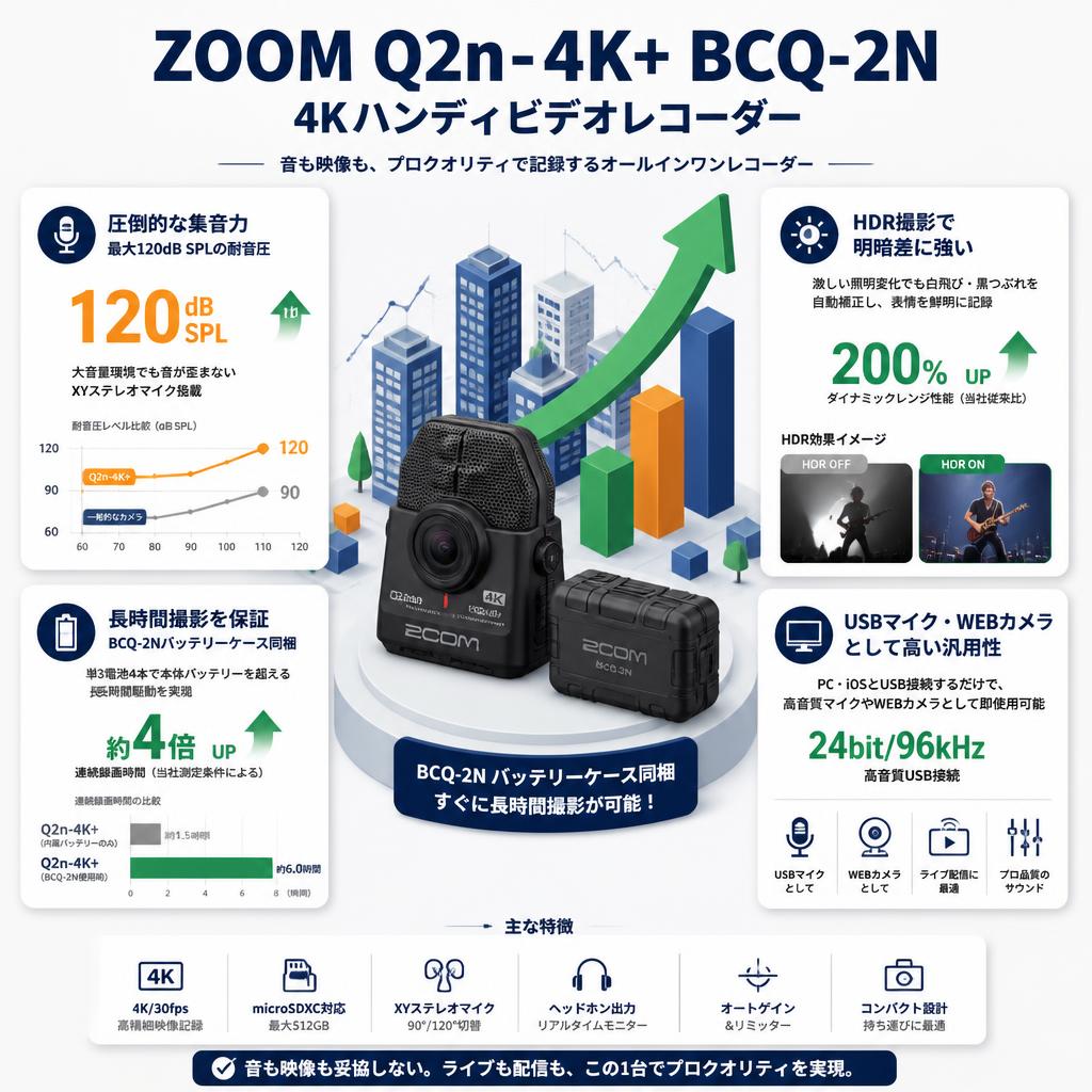 ZOOM Q2n-4K+ BCQ-2N 4Kハンディビデオレコーダー セールスポイント