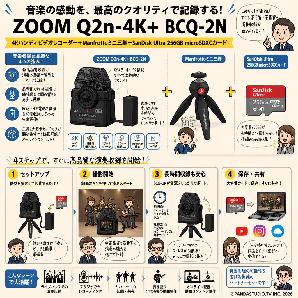 ZOOM Q2n-4K+ BCQ-2N 4Kハンディビデオレコーダー＋Manfrottoミニ三脚 ＋SanDisk Ultra 256GB microSDXCカード 概要