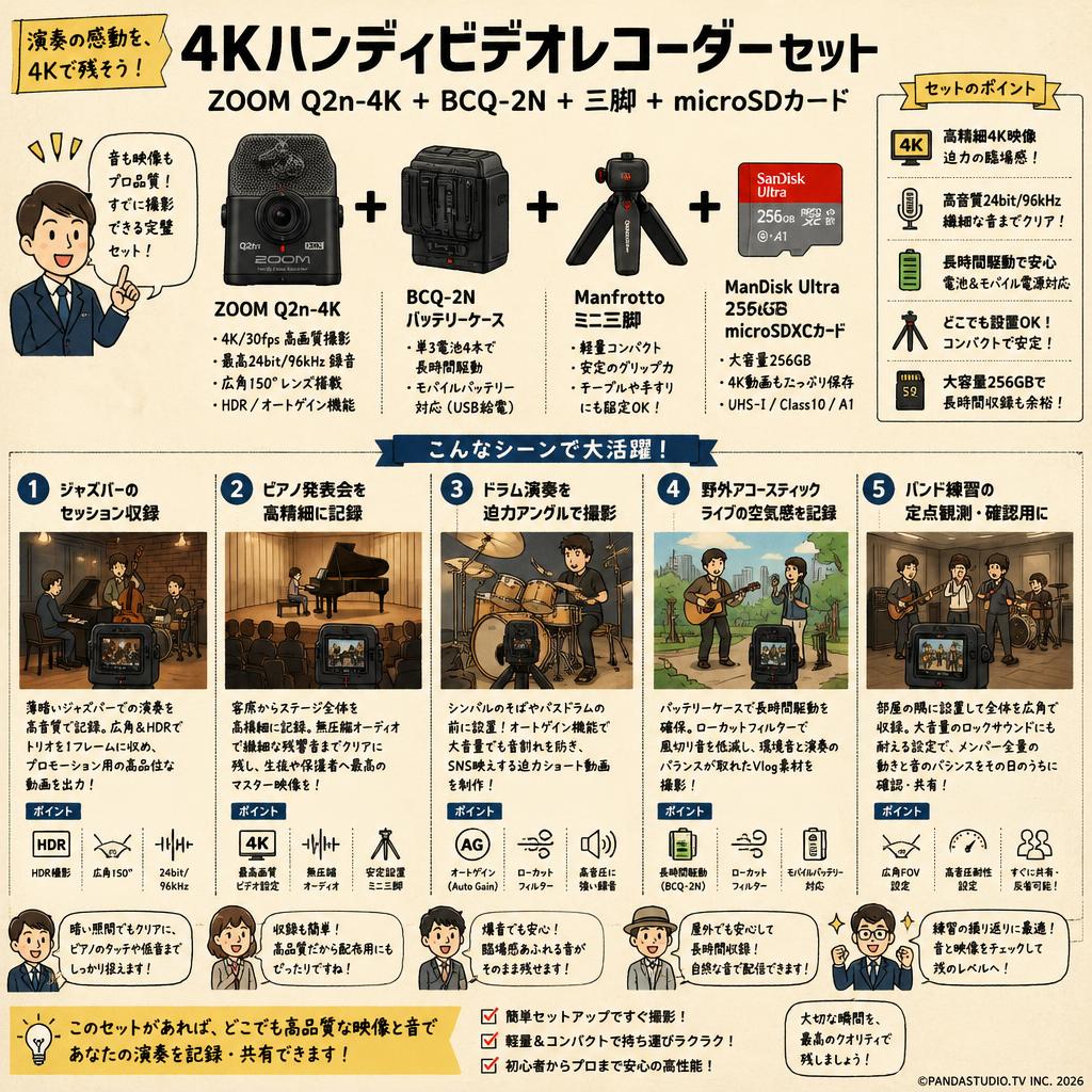 ZOOM Q2n-4K+ BCQ-2N 4Kハンディビデオレコーダー＋Manfrottoミニ三脚 ＋SanDisk Ultra 256GB microSDXCカード 用途