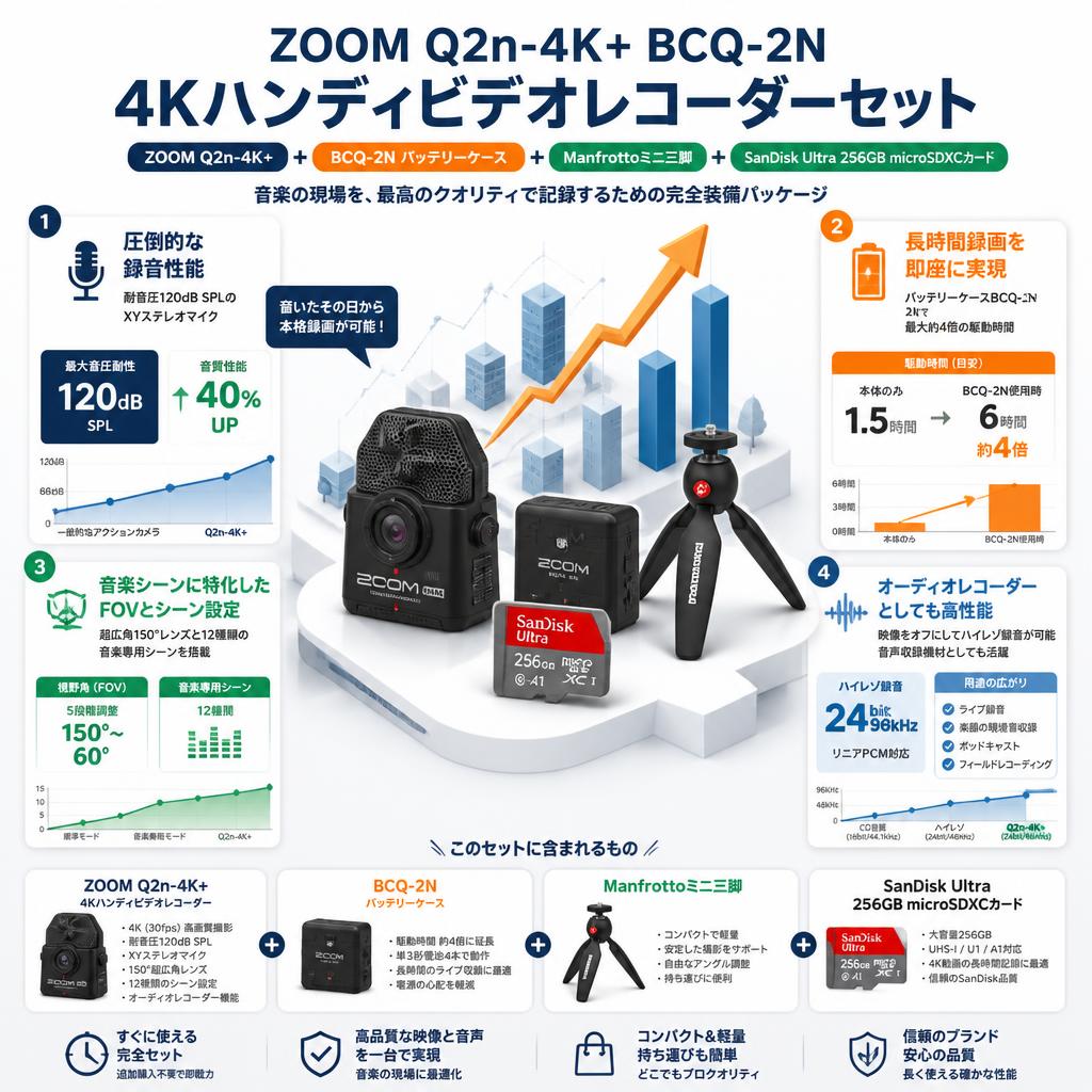 ZOOM Q2n-4K+ BCQ-2N 4Kハンディビデオレコーダー＋Manfrottoミニ三脚 ＋SanDisk Ultra 256GB microSDXCカード セールスポイント