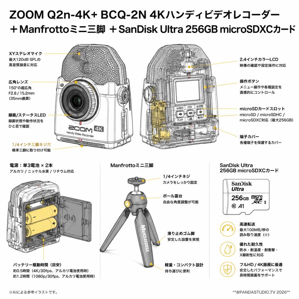 ZOOM Q2n-4K+ BCQ-2N 4Kハンディビデオレコーダー＋Manfrottoミニ三脚 ＋SanDisk Ultra 256GB microSDXCカード スペック