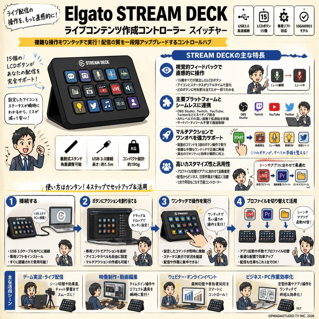 Elgato STREAM DECK ライブコンテンツ作成コントローラー スイッチャー USB3.0 LCDボタン:15個 10GAA9901 概要