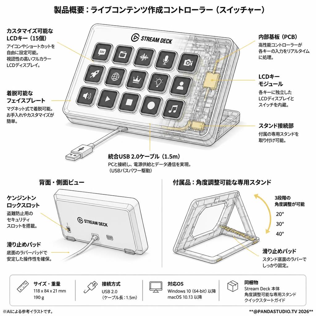 Elgato STREAM DECK ライブコンテンツ作成コントローラー スイッチャー USB3.0 LCDボタン:15個 10GAA9901 スペック