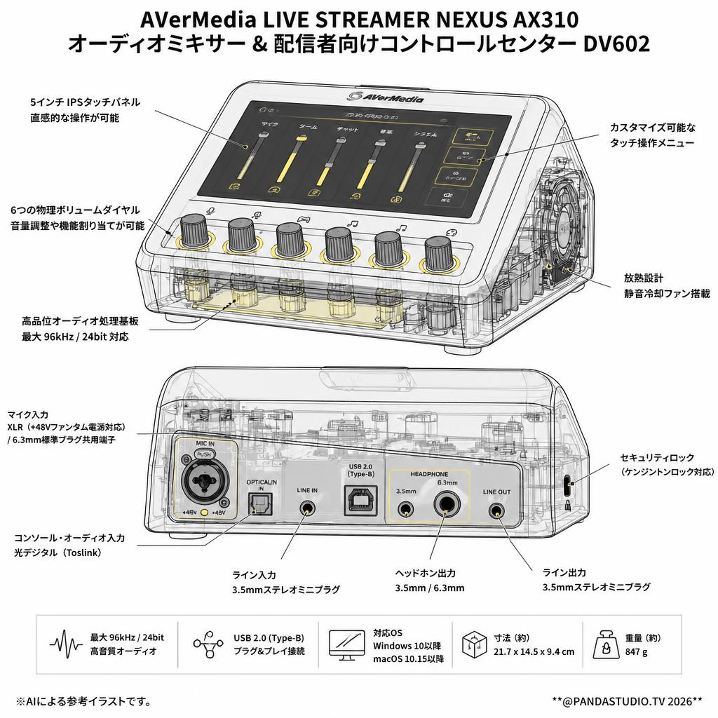 AVerMedia LIVE STREAMER NEXUS AX310 オーディオミキサー & 配信者向けコントロールセンター DV602 スペック