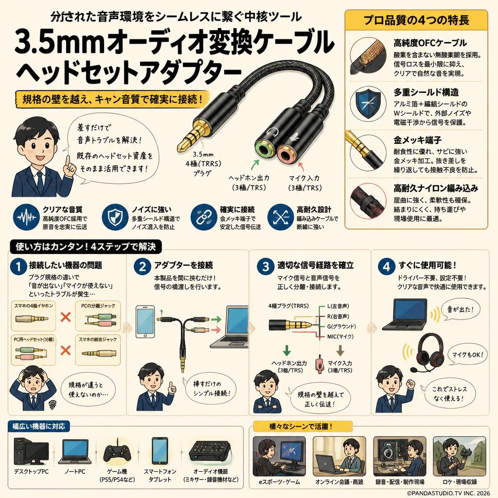 3.5mmオーディオ変換ケーブル ヘッドセットアダプター 概要