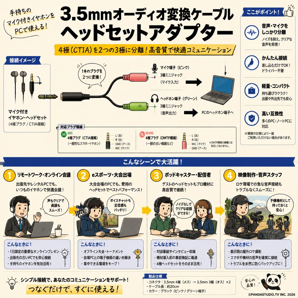 3.5mmオーディオ変換ケーブル ヘッドセットアダプター おもな対象のお客様