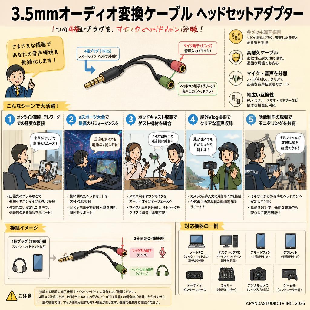 3.5mmオーディオ変換ケーブル ヘッドセットアダプター 用途