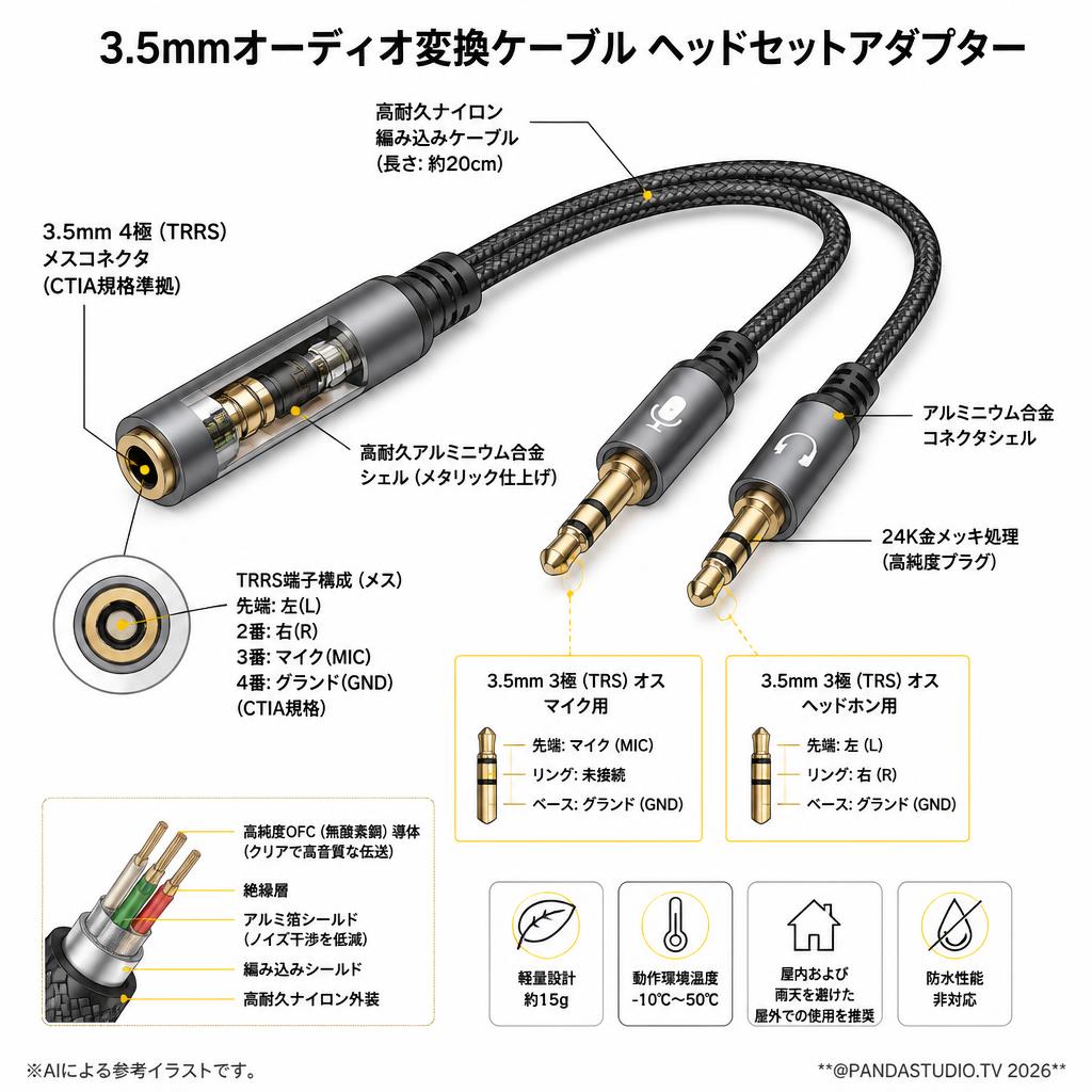 3.5mmオーディオ変換ケーブル ヘッドセットアダプター スペック