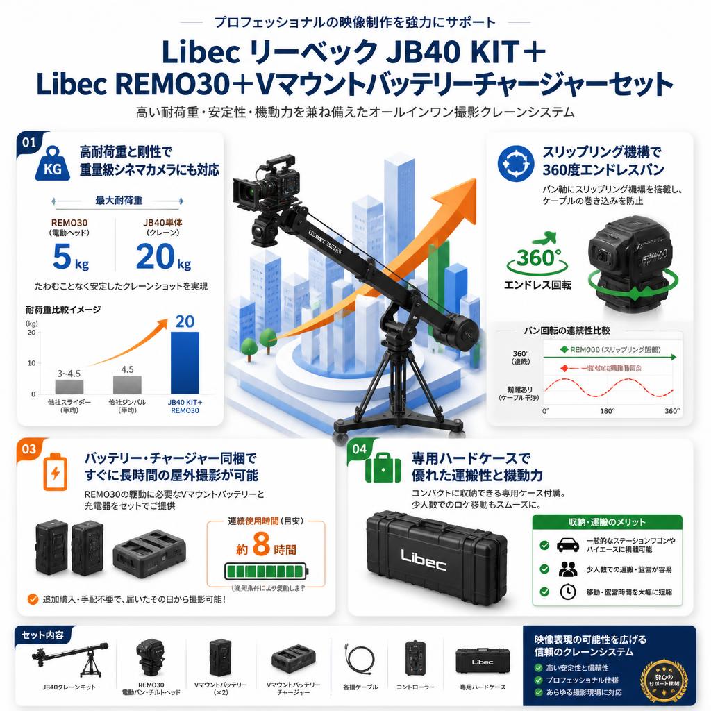 Libec リーベック JB40 KIT＋Libec REMO30＋Vマウントバッテリーチャージャーセット セールスポイント