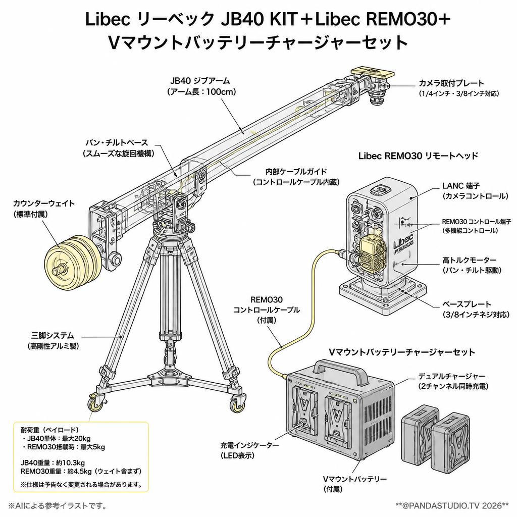 Libec リーベック JB40 KIT＋Libec REMO30＋Vマウントバッテリーチャージャーセット スペック