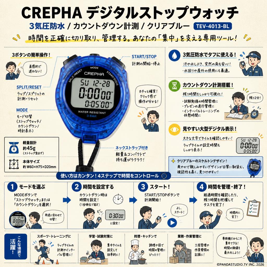 CREPHA デジタルストップウォッチ 3気圧防水 カウントダウン計測 クリアブルー TEV-4013-BL 概要