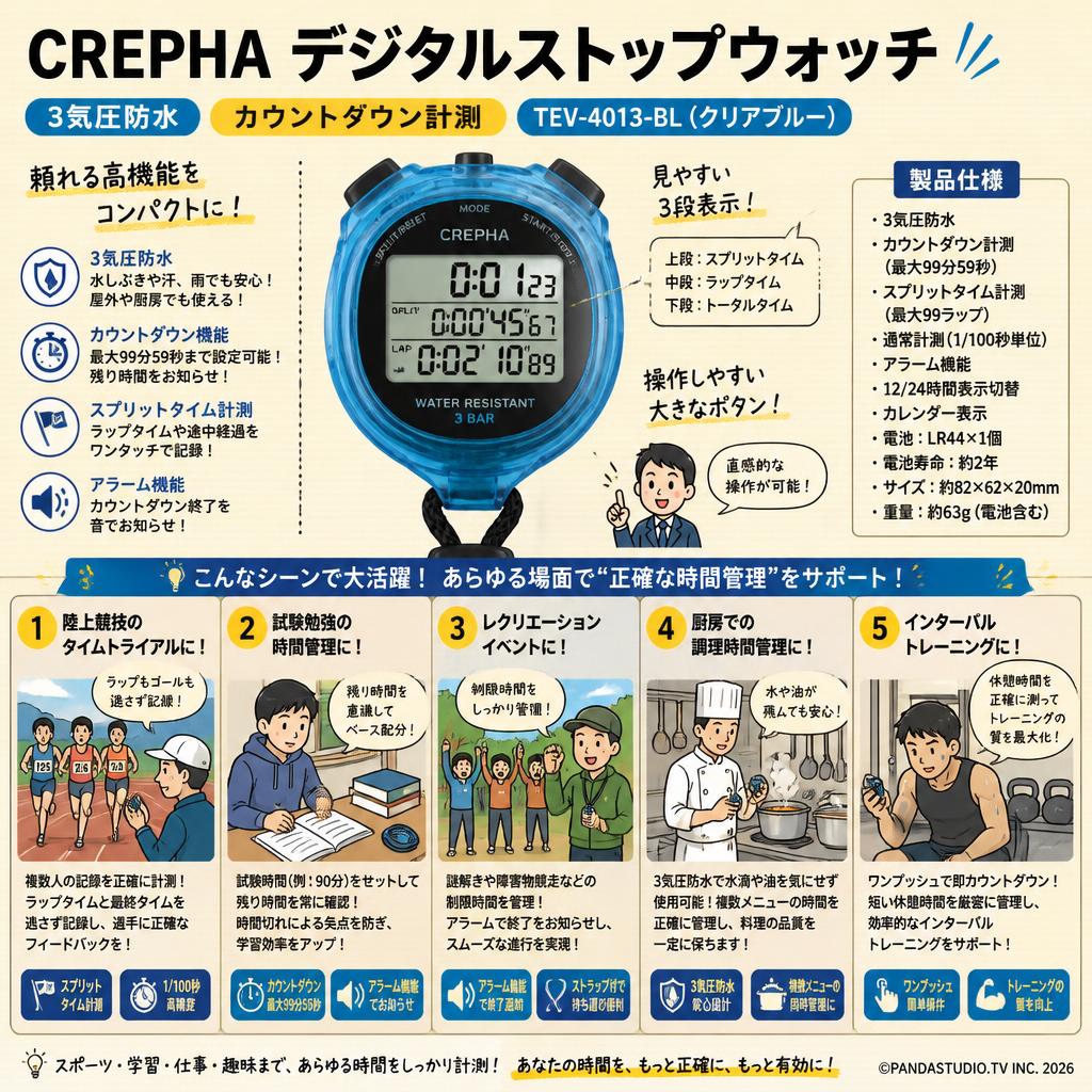 CREPHA デジタルストップウォッチ 3気圧防水 カウントダウン計測 クリアブルー TEV-4013-BL 用途