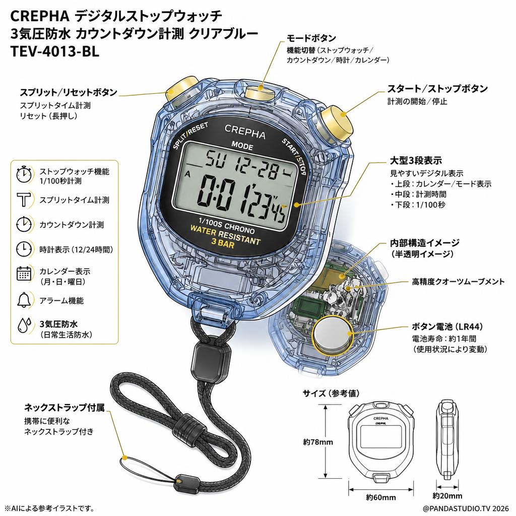 CREPHA デジタルストップウォッチ 3気圧防水 カウントダウン計測 クリアブルー TEV-4013-BL スペック