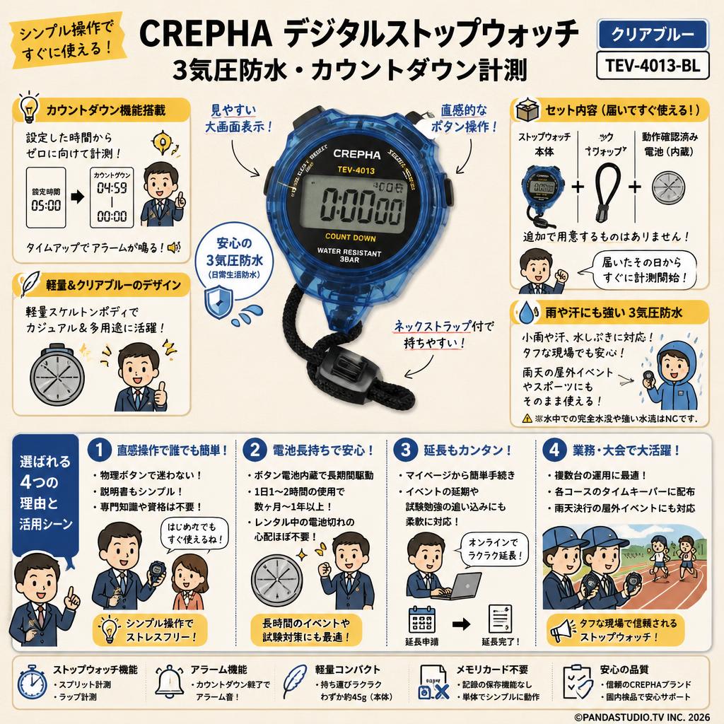 CREPHA デジタルストップウォッチ 3気圧防水 カウントダウン計測 クリアブルー TEV-4013-BL FAQ（よくある質問と答え）
