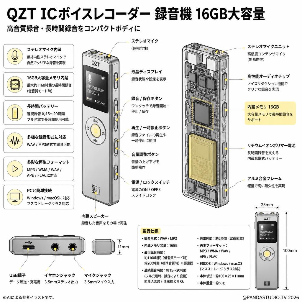 QZT ICボイスレコーダー 録音機 16GB大容量 スペック