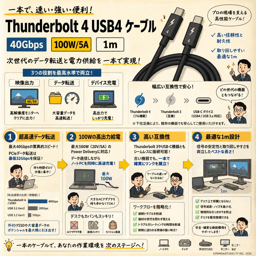 Thunderbolt 4 USB4 ケーブル 40Gbps 100W/5A 1m 概要